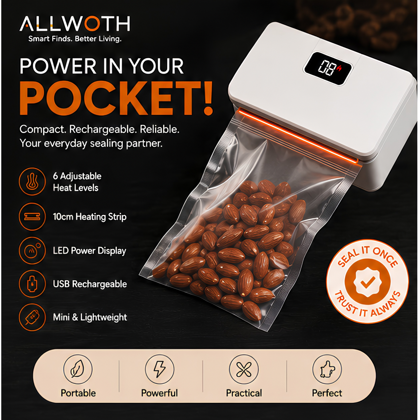 Mini Bag Sealer with Digital Display – USB Rechargeable Food Bag Sealer